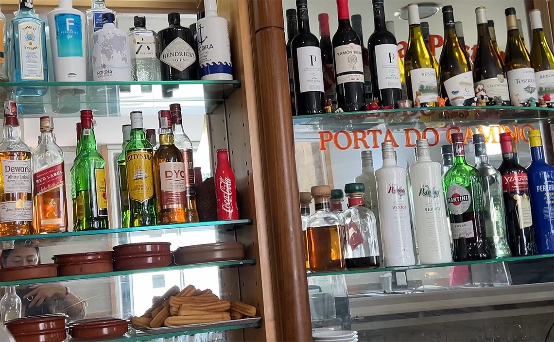 サンティアゴ・デ・コンポステーラ(Santiago de Compostela)どのバルもジンの種類が豊富。特にこのバルは日本製のジンもおいてあった(中央上)。