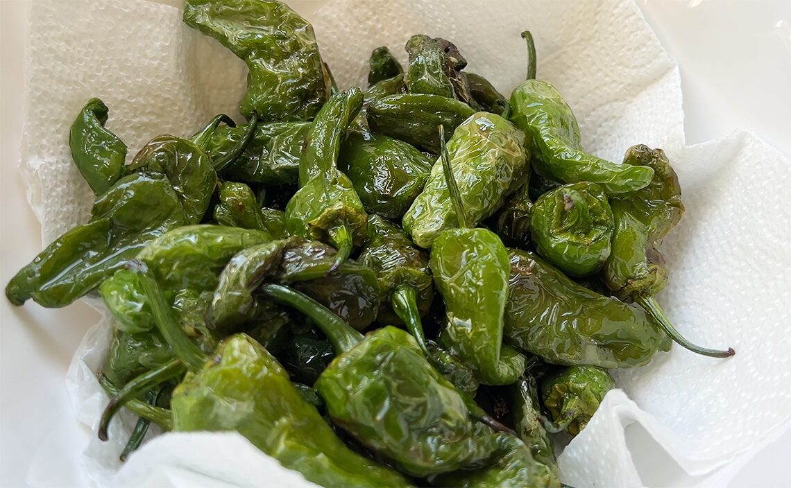 サンティアゴ・デ・コンポステーラ(Santiago de Compostela)ピミエントス・デ・パドロン(Pimientos de Padrón)というガリシア地方の料理。
青唐辛子をオリーブオイルで素揚げし、仕上げに粗塩をふるだけのシンプルな料理。