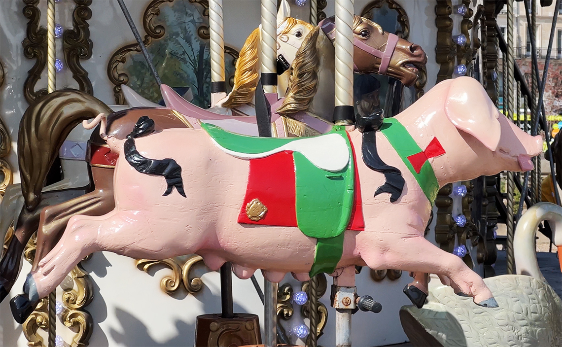 メリーゴーランドの乗り物は馬だけでなく豚も。