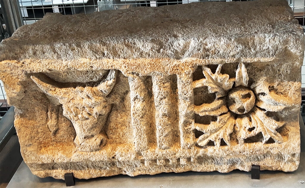 フランス(France) ナルボンヌ(Narbonne) ナルボヴィア博物館(Narbo Via museum) 牛の頭部(ブクラニウム)と植物文様が彫られた建築装飾